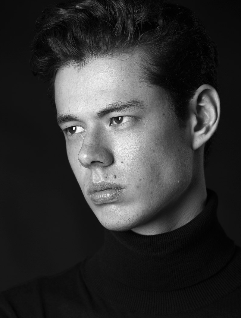 Black and white portrait of a male model